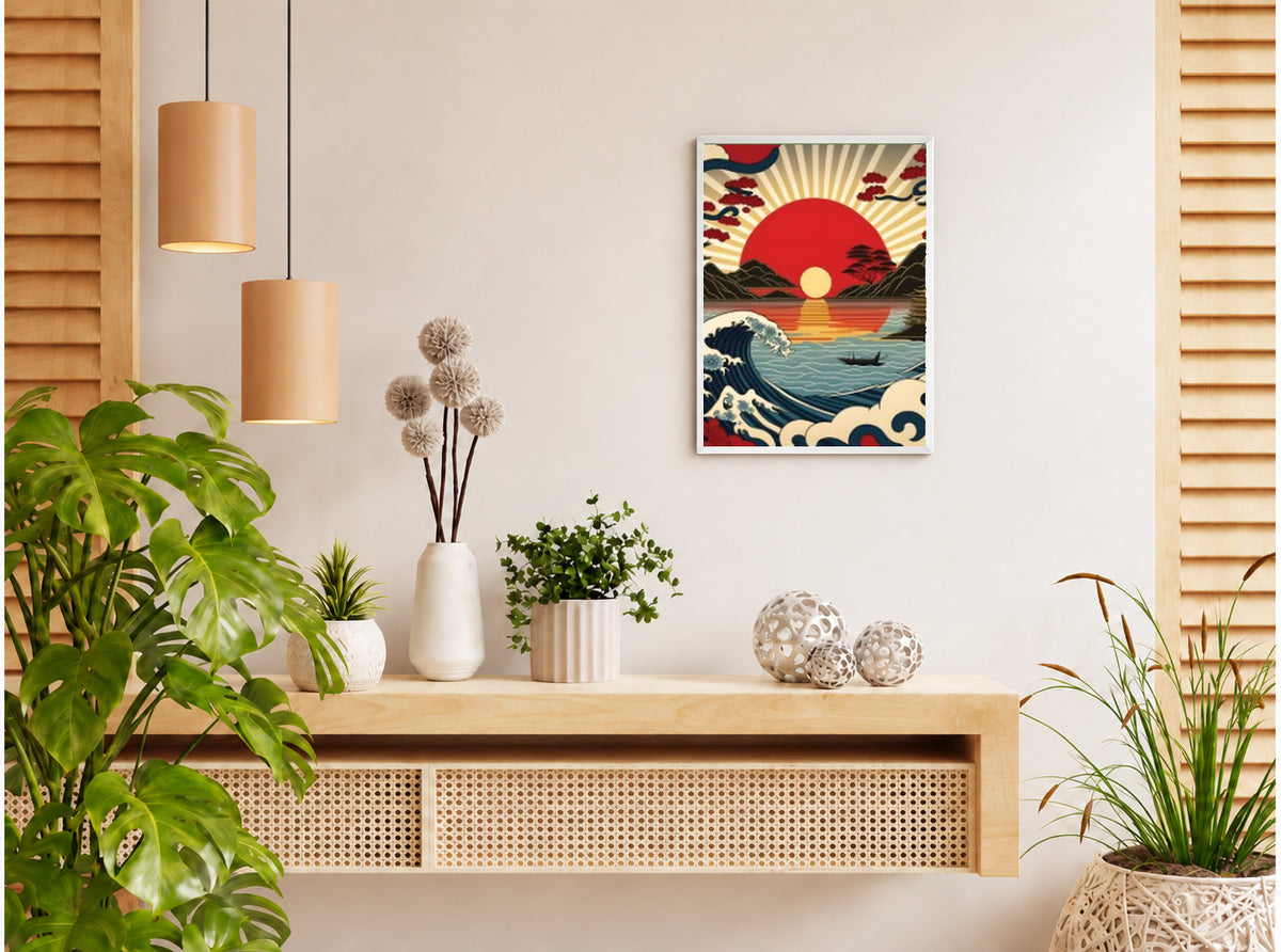 تنسيق توضيحي لبوستر Japan sunrise بفريم في ركن منزلي