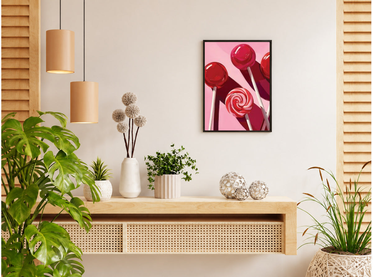 تنسيق توضيحي لبوستر Lollipops pink بفريم في ركن منزلي