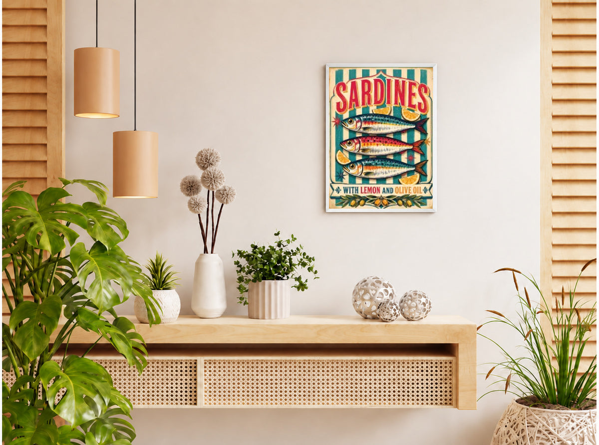 تنسيق توضيحي لبوستر Sardines بفريم في ركن منزلي