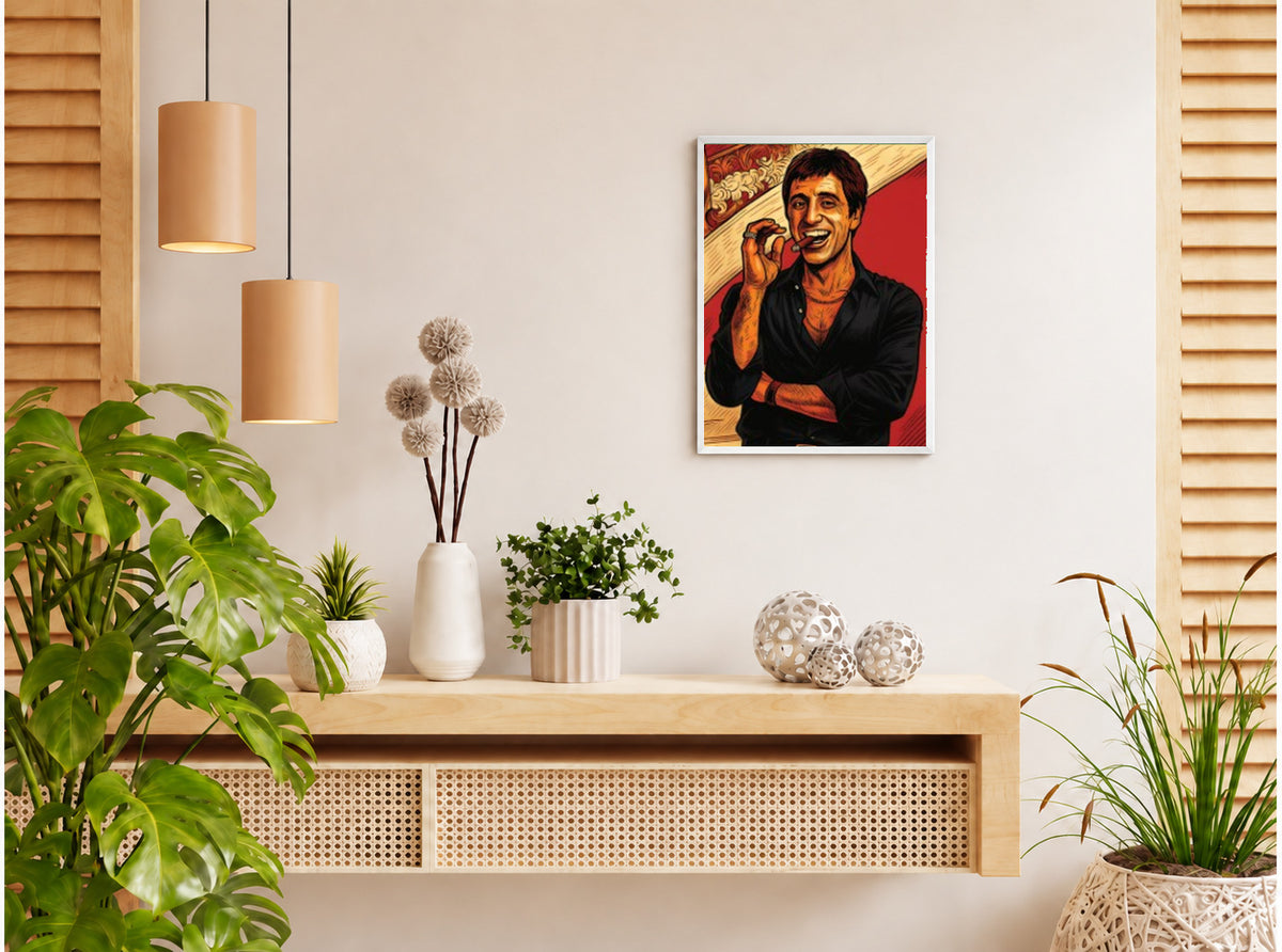 تنسيق توضيحي لبوستر Scarface 1 بفريم في ركن منزلي