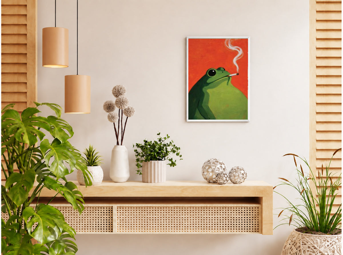 تنسيق توضيحي لبوستر Smoking frog بفريم في ركن منزلي