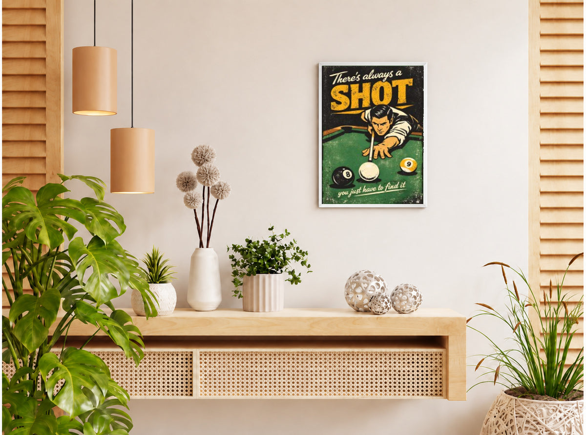 تنسيق توضيحي لبوستر Perfect shot pool بفريم في ركن منزلي