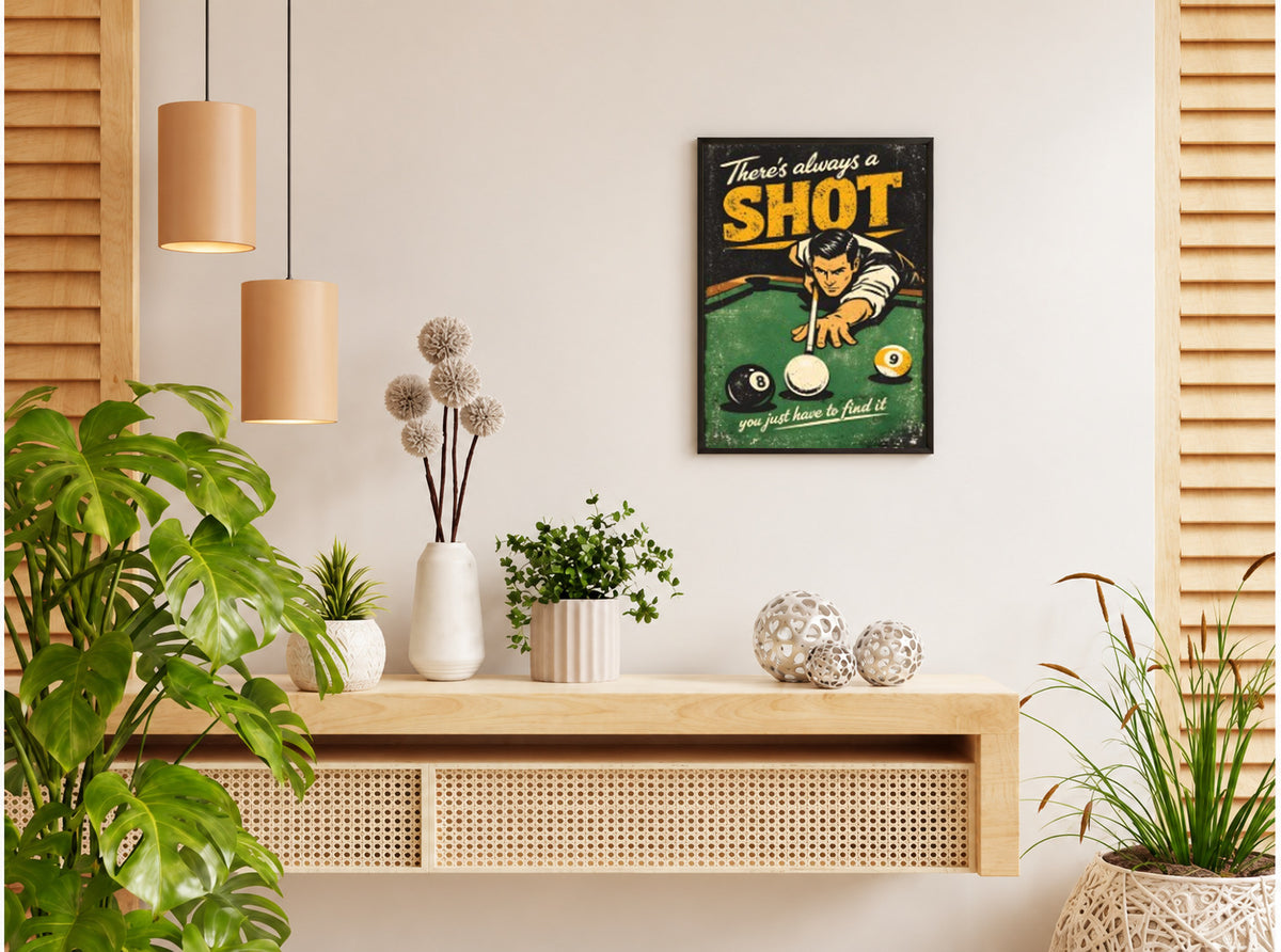 تنسيق توضيحي لبوستر Perfect shot pool بفريم في ركن منزلي