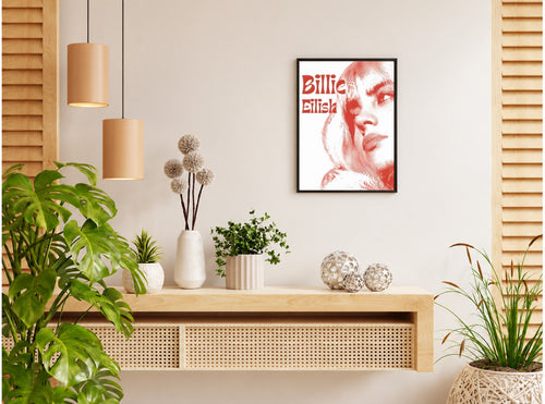 تنسيق توضيحي لبوستر Billie Eilish pink بفريم في ركن منزلي