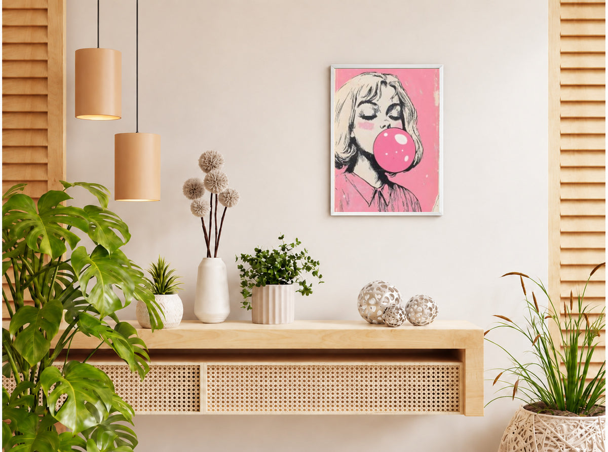 تنسيق توضيحي لبوستر Bubble gum pink بفريم في ركن منزلي