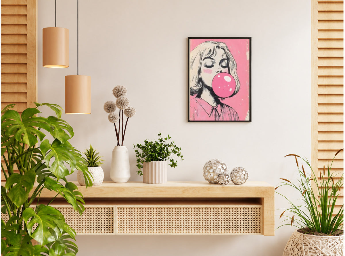 تنسيق توضيحي لبوستر Bubble gum pink بفريم في ركن منزلي