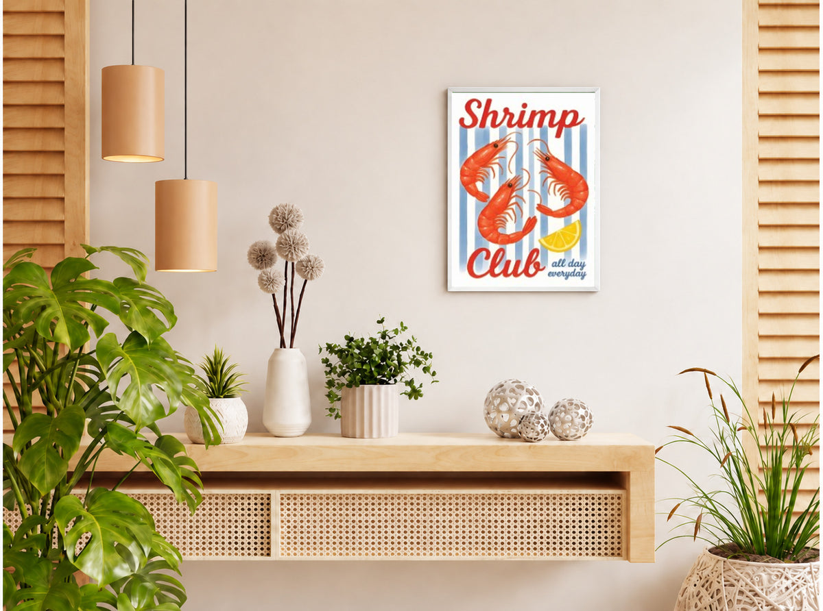 تنسيق توضيحي لبوستر Shrimp بفريم في ركن منزلي