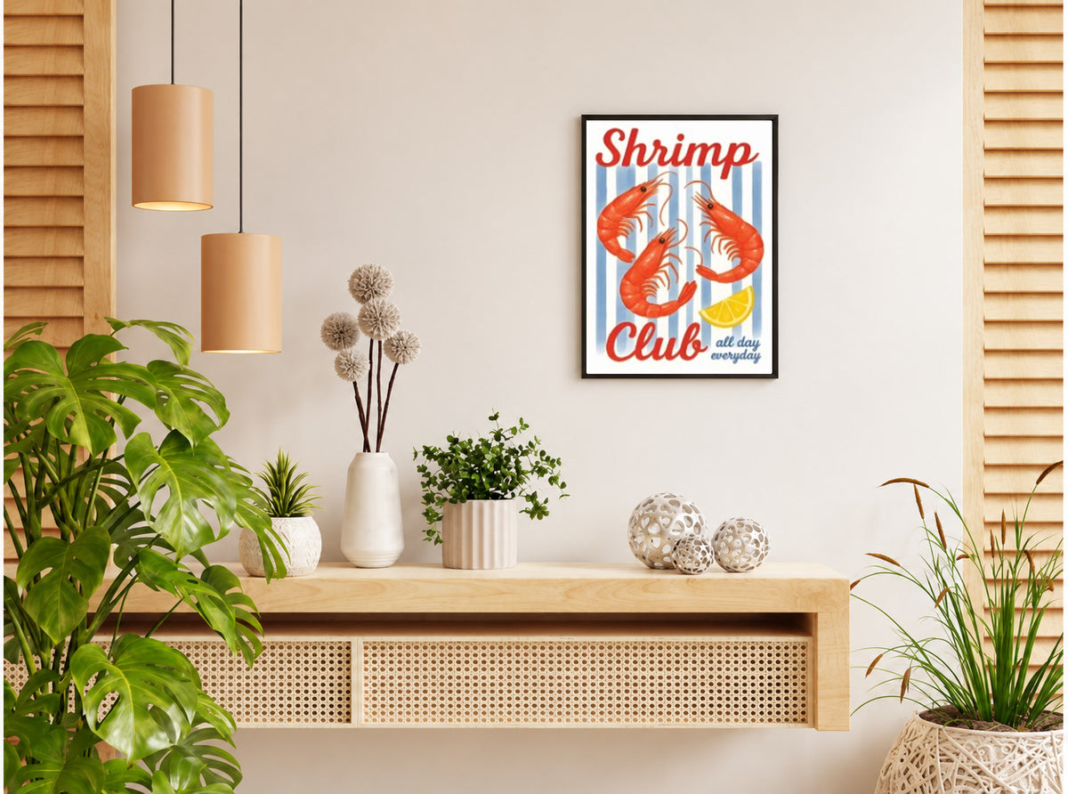 تنسيق توضيحي لبوستر Shrimp بفريم في ركن منزلي