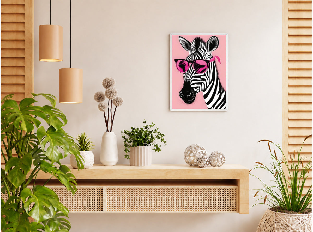 تنسيق توضيحي لبوستر Zebra pink بفريم في ركن منزلي