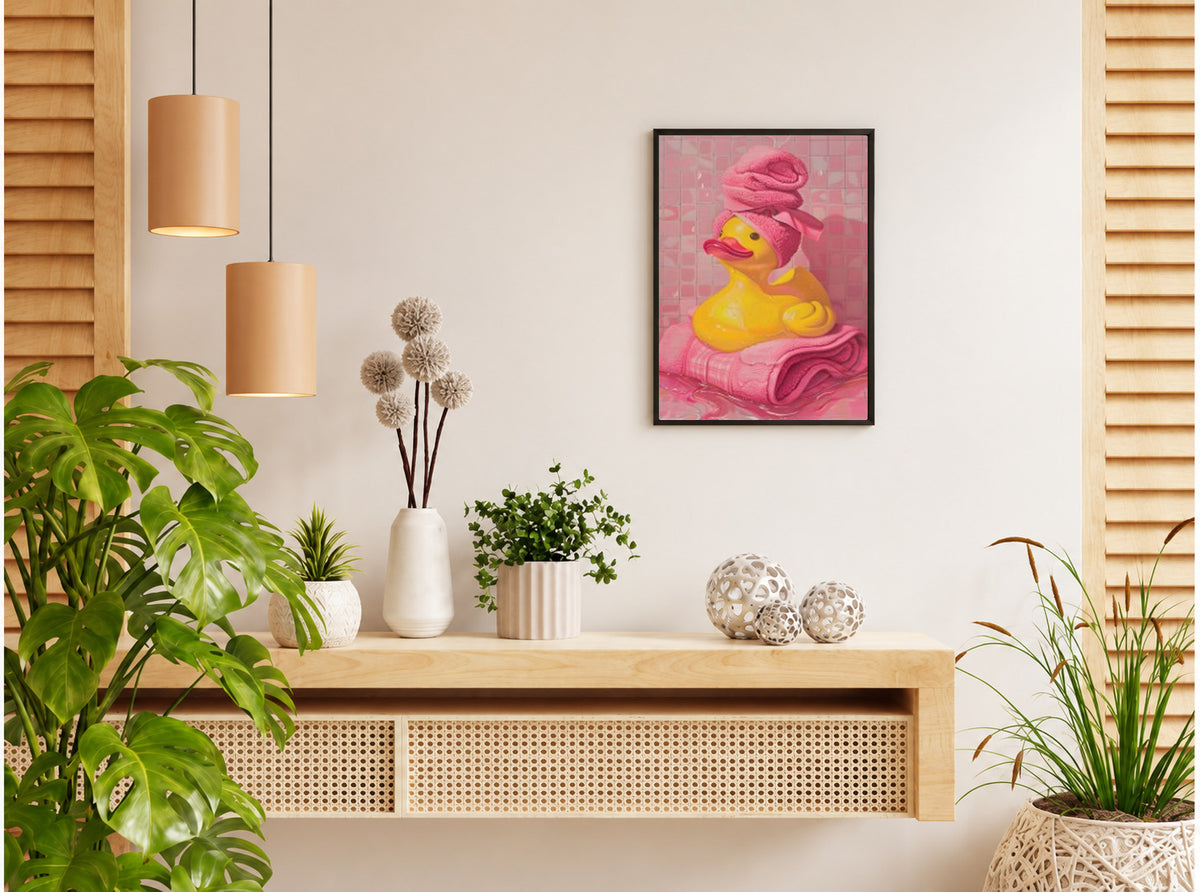 تنسيق توضيحي لبوستر Lady duck pink بفريم في ركن منزلي