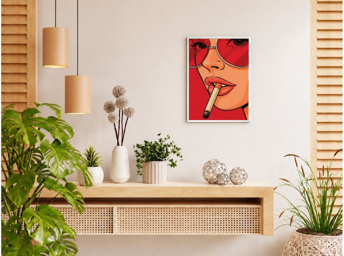 تنسيق توضيحي لبوستر Smoking beauty بفريم في ركن منزلي