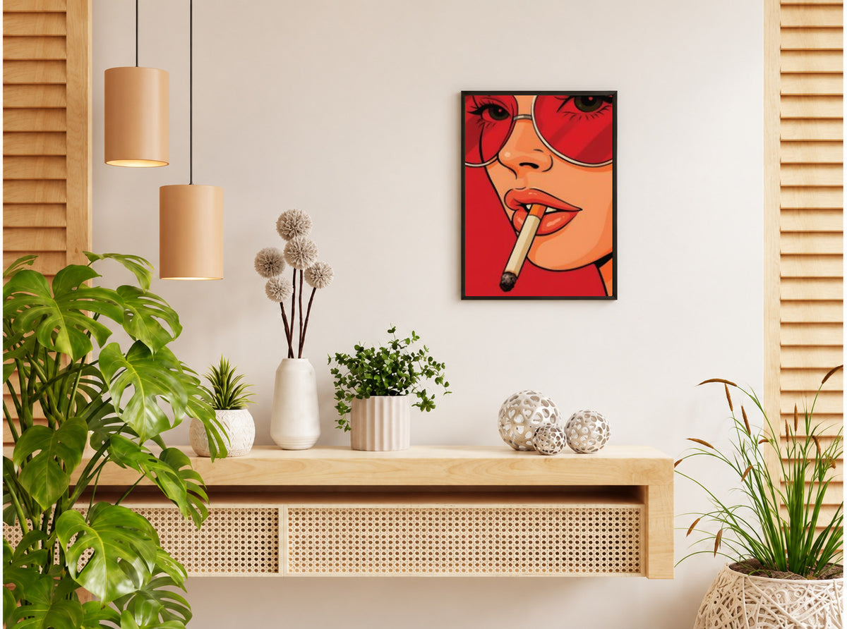 تنسيق توضيحي لبوستر Smoking beauty بفريم في ركن منزلي