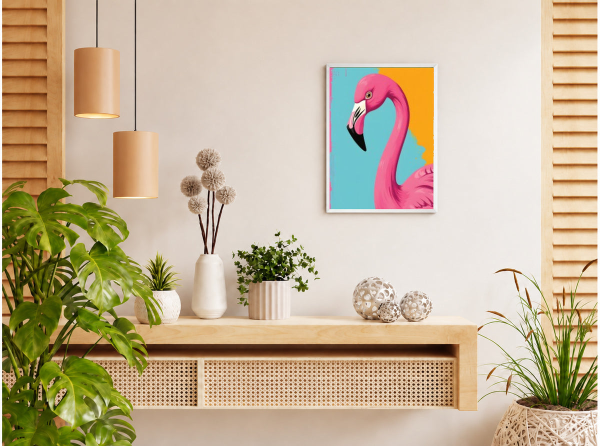 تنسيق توضيحي لبوستر Flamingos بفريم في ركن منزلي