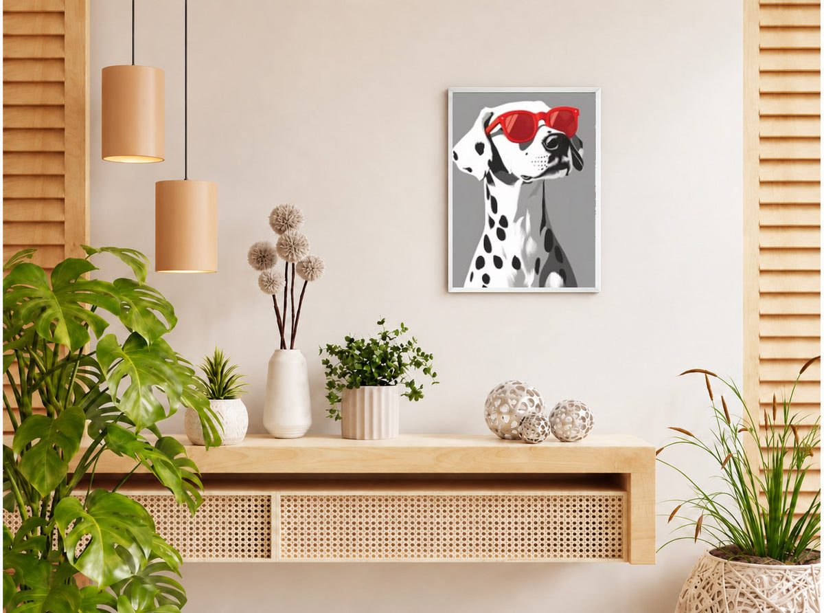 تنسيق توضيحي لبوستر Dalmatian dog بفريم في ركن منزلي