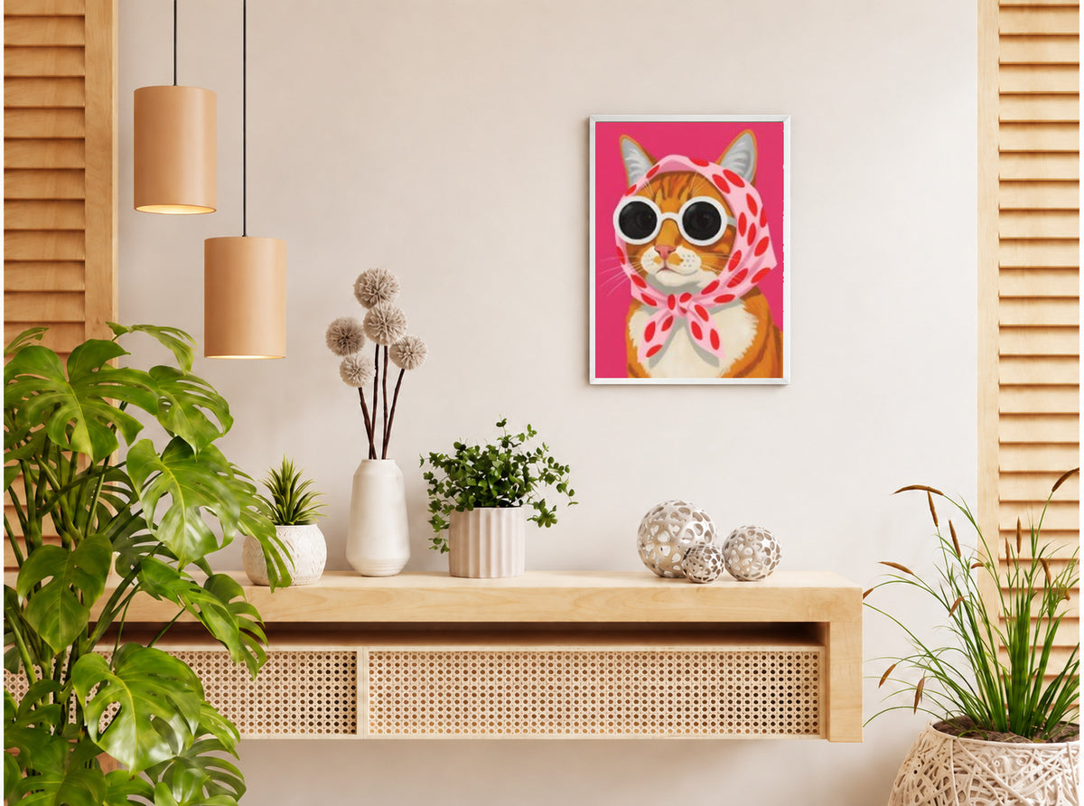 تنسيق توضيحي لبوستر Retro cat بفريم في ركن منزلي