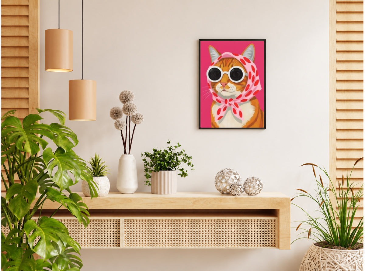تنسيق توضيحي لبوستر Retro cat بفريم في ركن منزلي