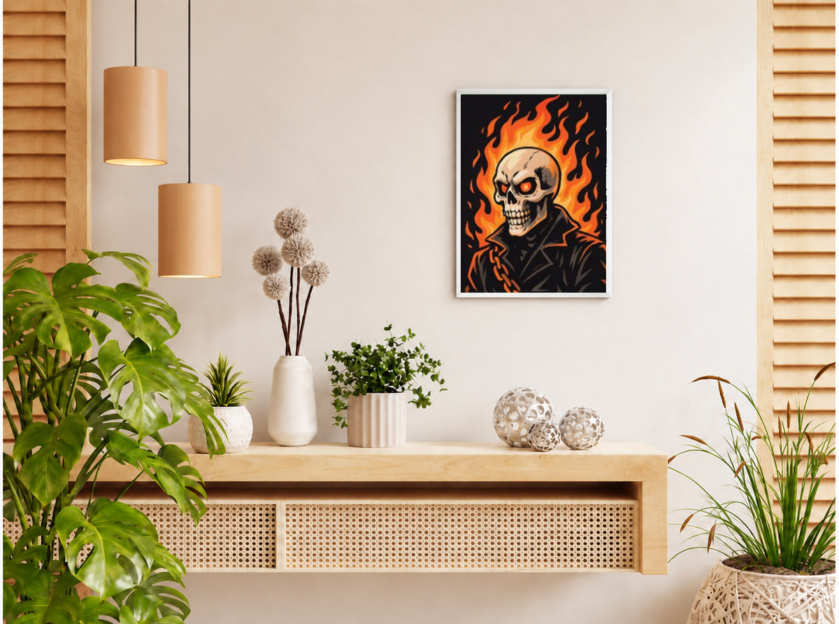 تنسيق توضيحي لبوستر Ghost rider بفريم في ركن منزلي