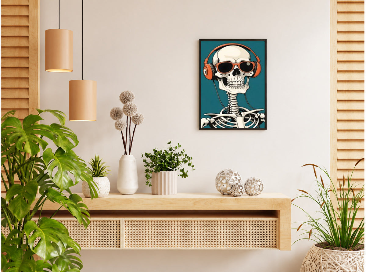 تنسيق توضيحي لبوستر Cool skeleton بفريم في ركن منزلي