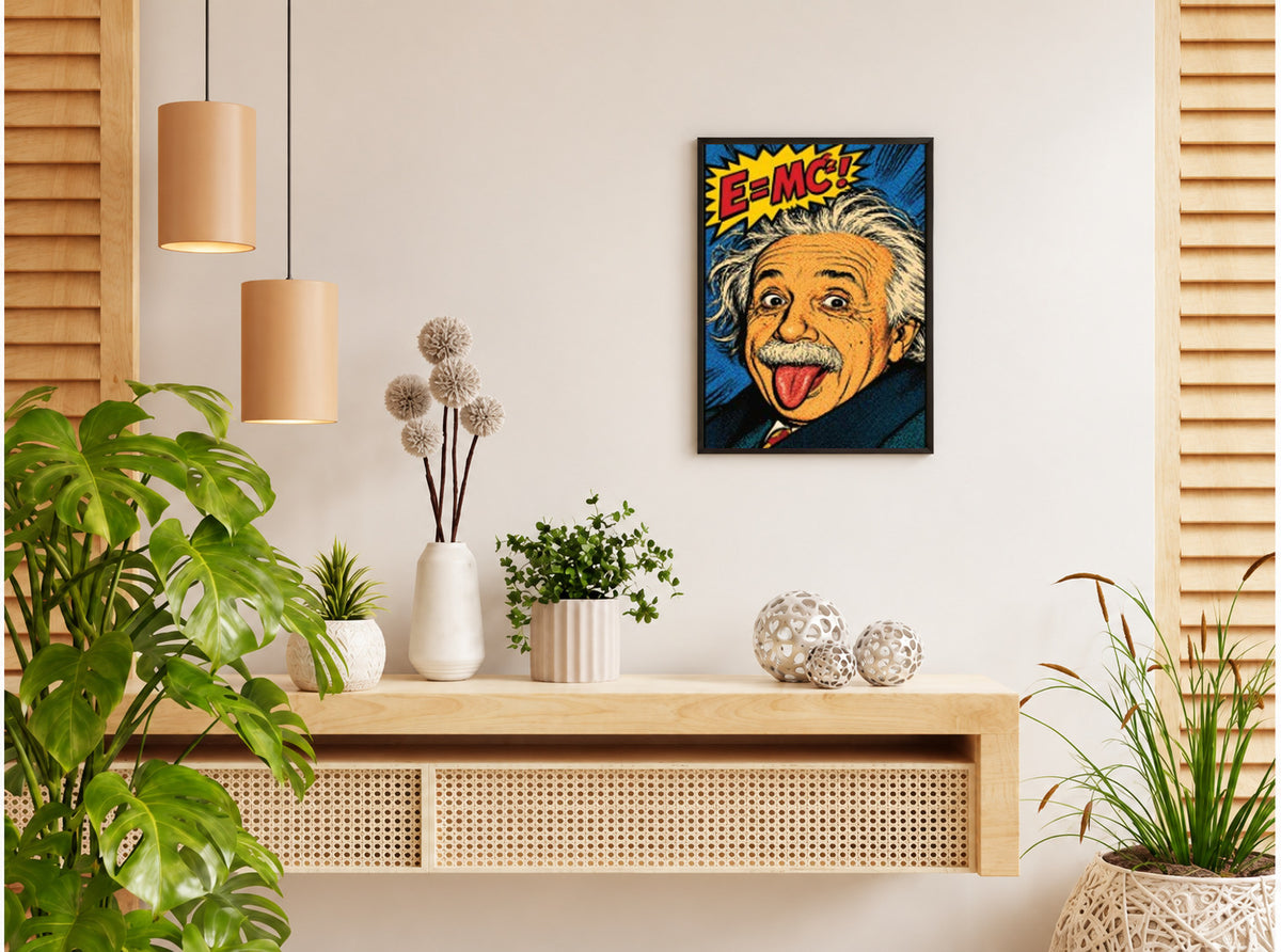 تنسيق توضيحي لبوستر Crazy Einstein بفريم في ركن منزلي
