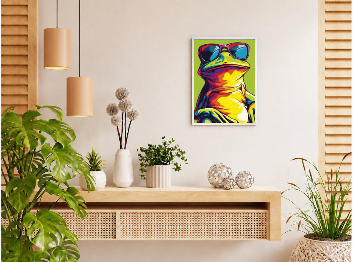 تنسيق توضيحي لبوستر Cool frog بفريم في ركن منزلي