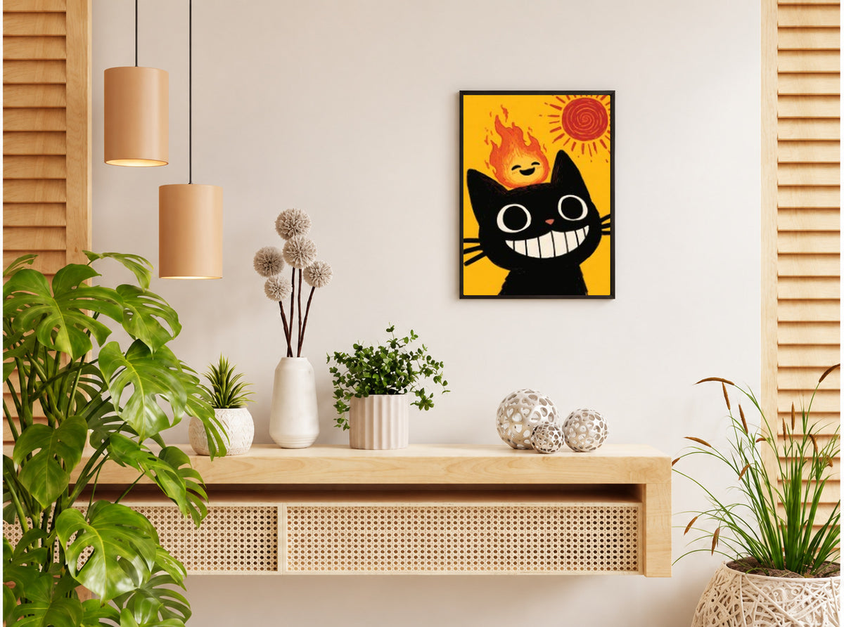 تنسيق توضيحي لبوستر Flame cat بفريم في ركن منزلي