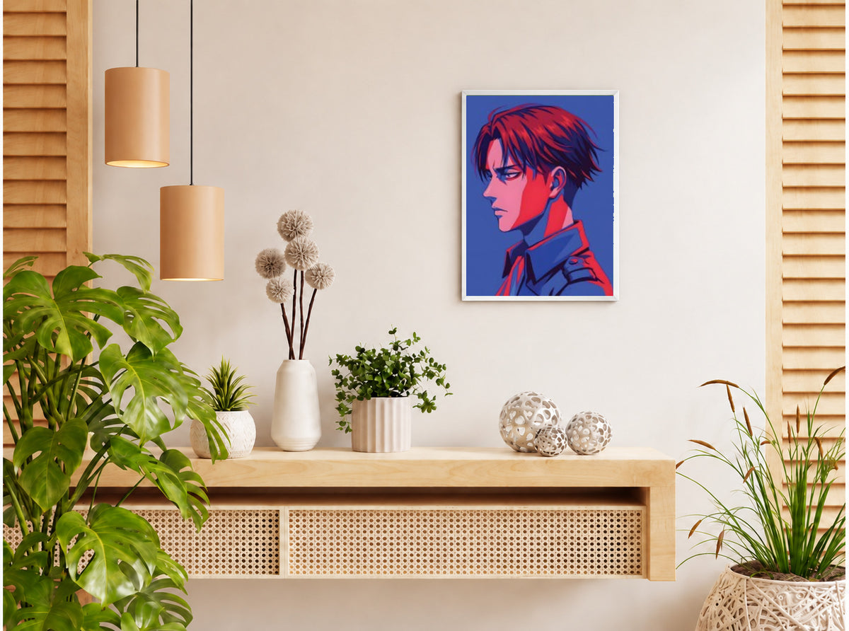 تنسيق توضيحي لبوستر Levi بفريم في ركن منزلي