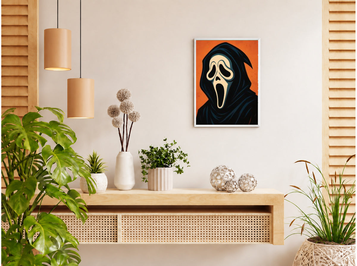 تنسيق توضيحي لبوستر Scream بفريم في ركن منزلي