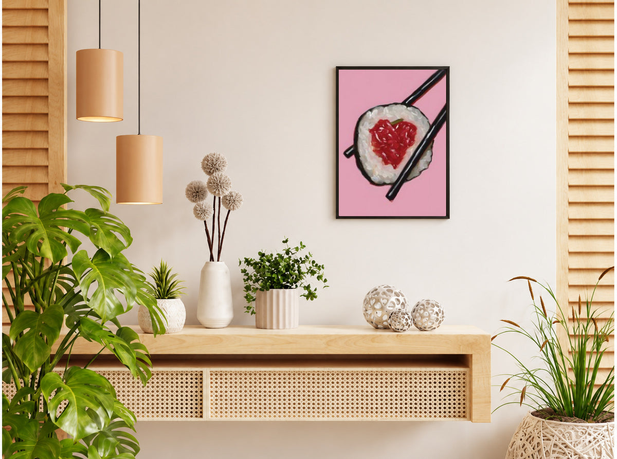 تنسيق توضيحي لبوستر Sushi pink بفريم في ركن منزلي