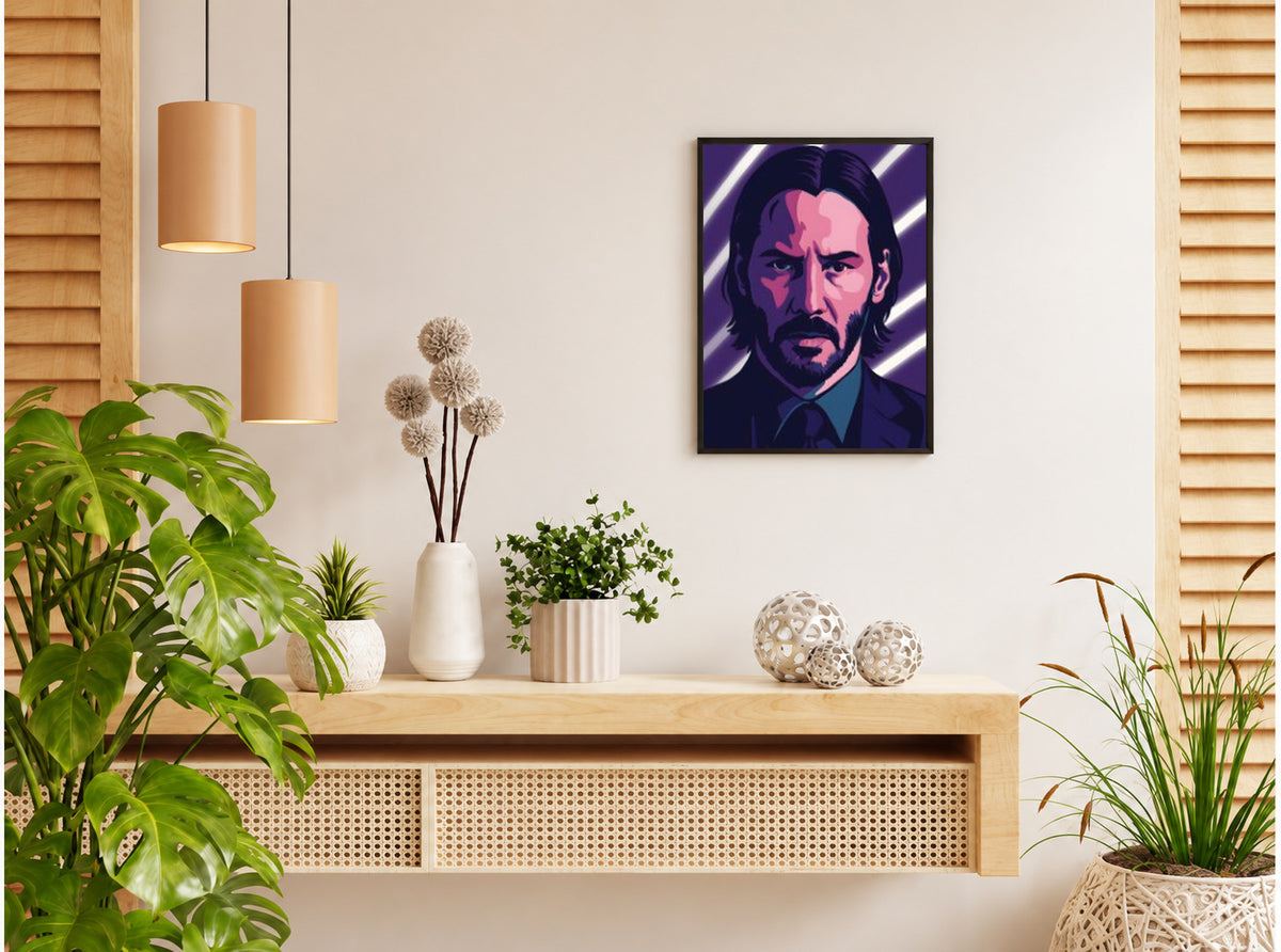 تنسيق توضيحي لبوستر John Wick بفريم في ركن منزلي