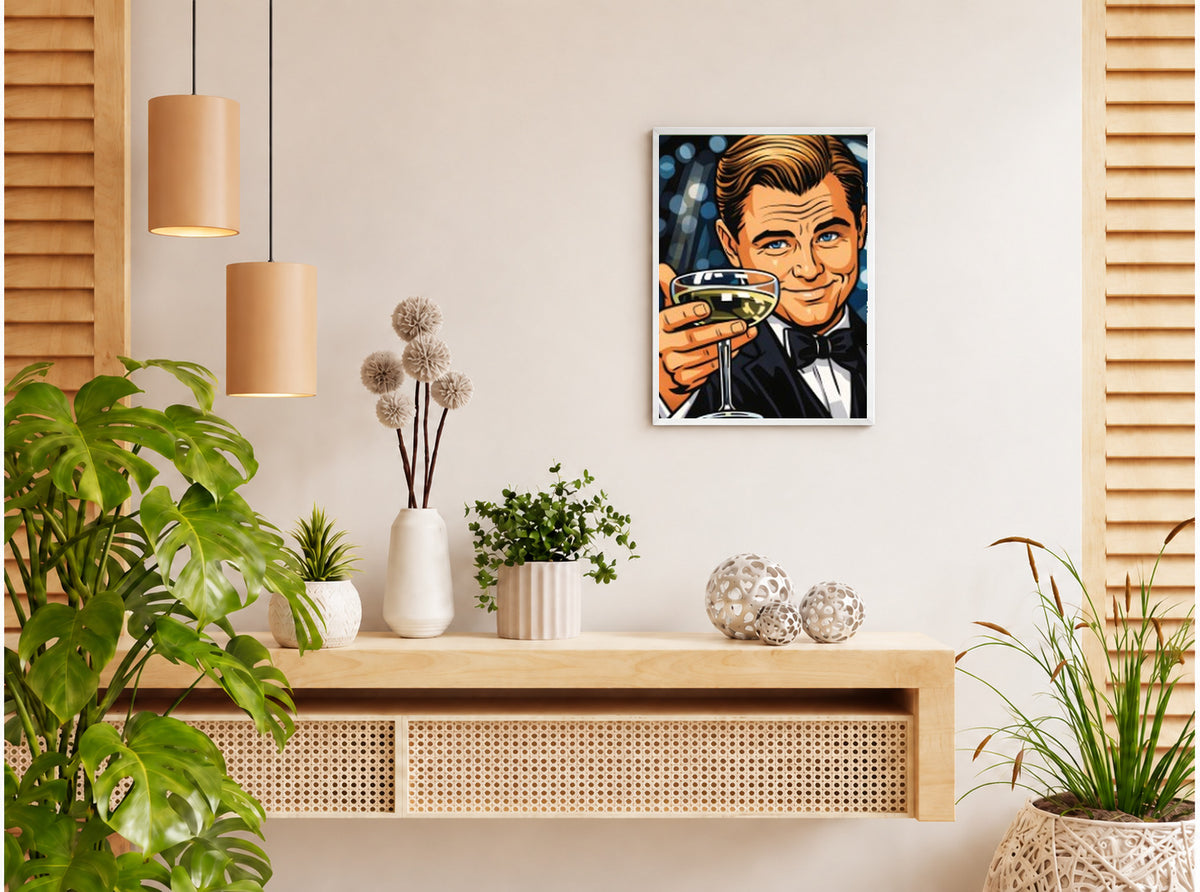 تنسيق توضيحي لبوستر The Great Gatsby بفريم في ركن منزلي