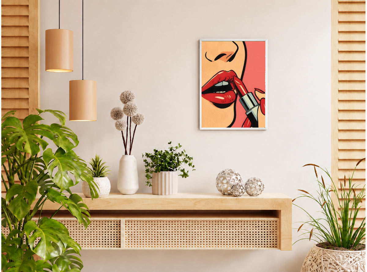 تنسيق توضيحي لبوستر Lipstick بفريم في ركن منزلي