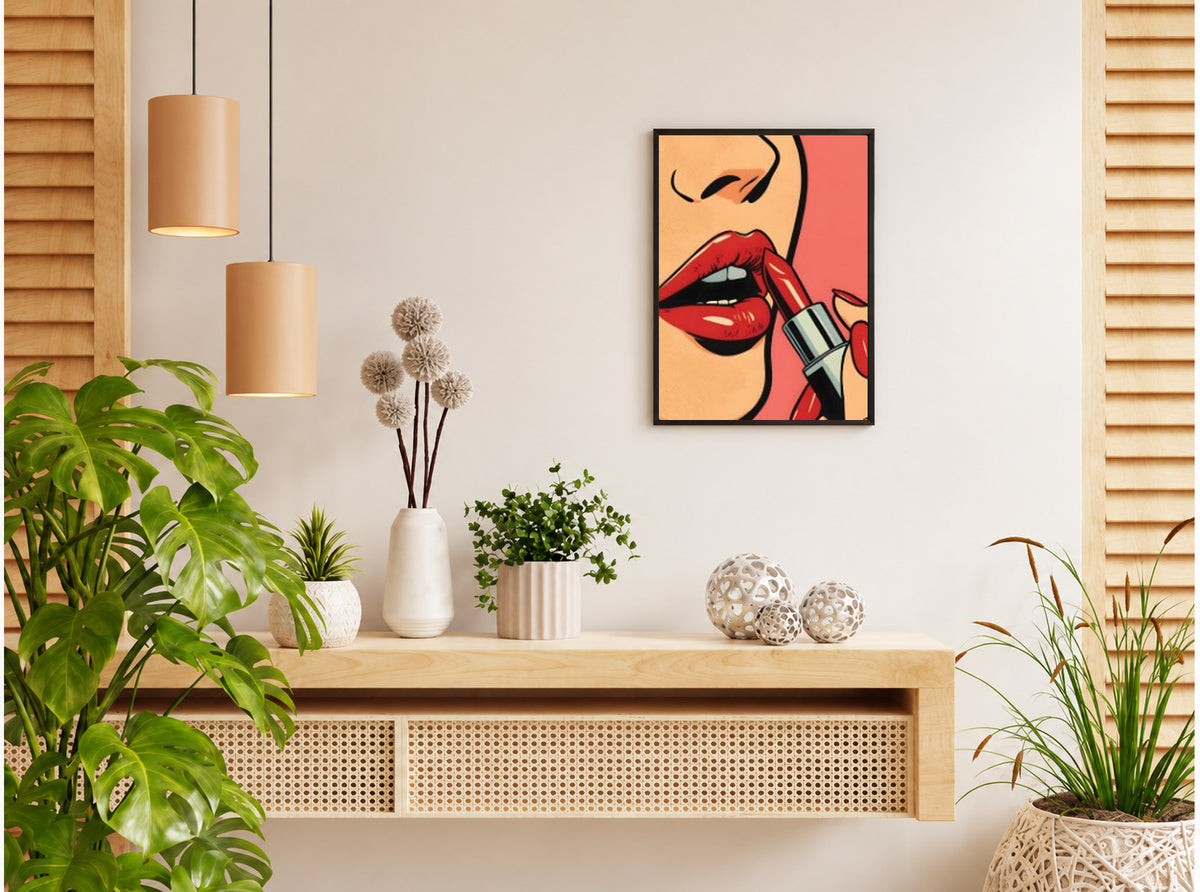 تنسيق توضيحي لبوستر Lipstick بفريم في ركن منزلي