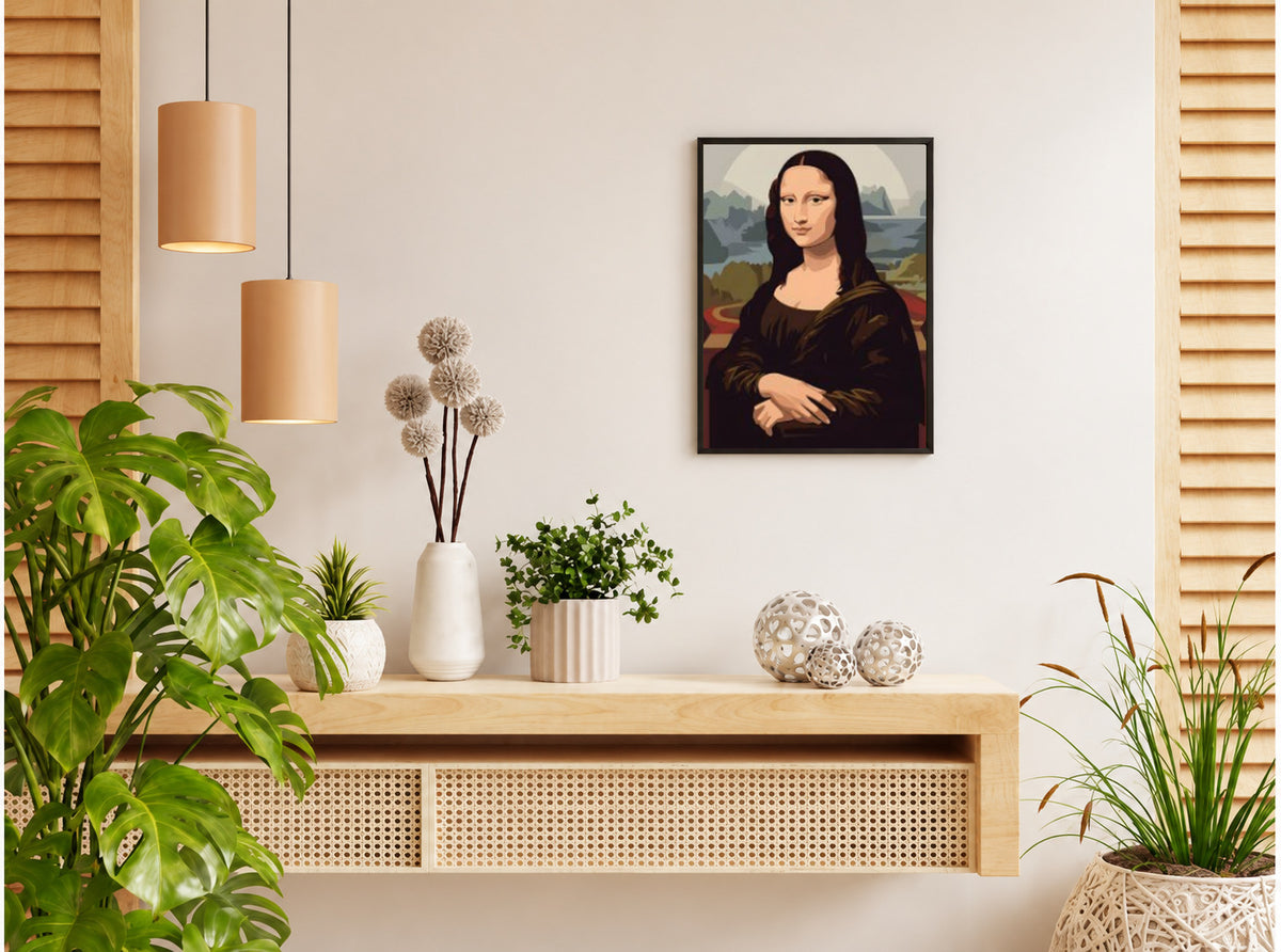 تنسيق توضيحي لبوستر Mona Lisa بفريم في ركن منزلي