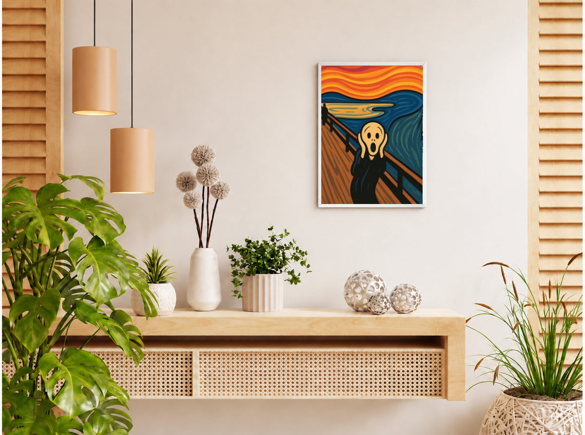 تنسيق توضيحي لبوستر The scream بفريم في ركن منزلي