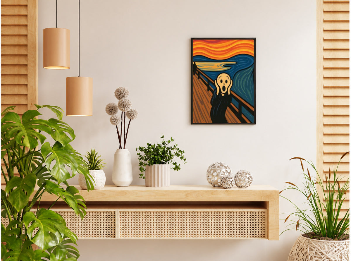 تنسيق توضيحي لبوستر The scream بفريم في ركن منزلي
