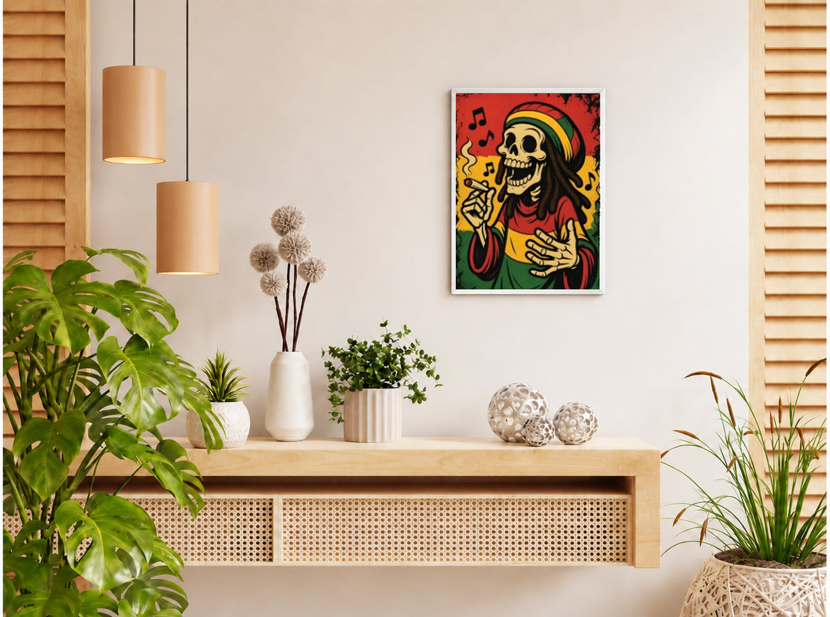 تنسيق توضيحي لبوستر Bob Marley skeleton بفريم في ركن منزلي