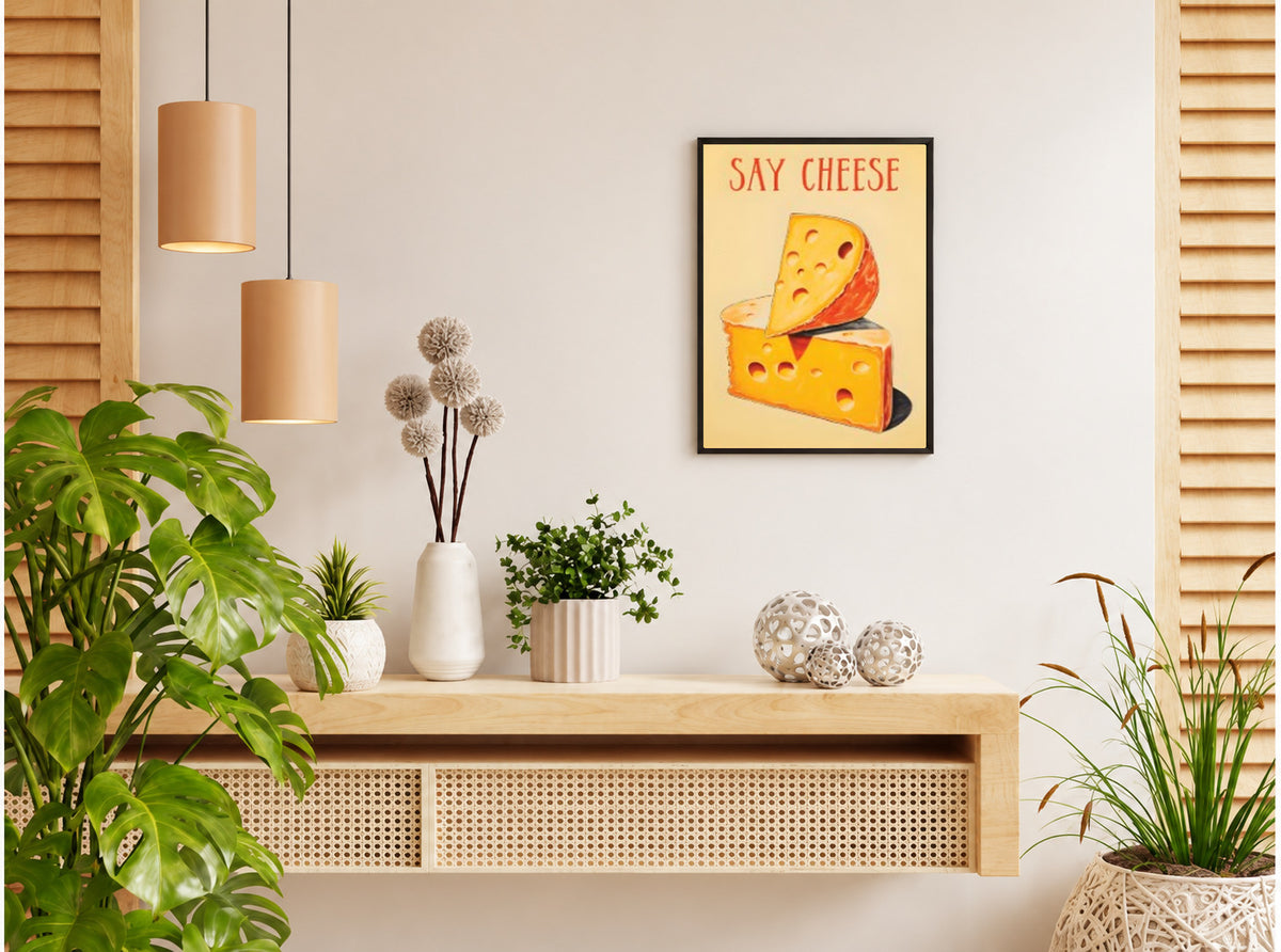 تنسيق توضيحي لبوستر Say cheese بفريم في ركن منزلي
