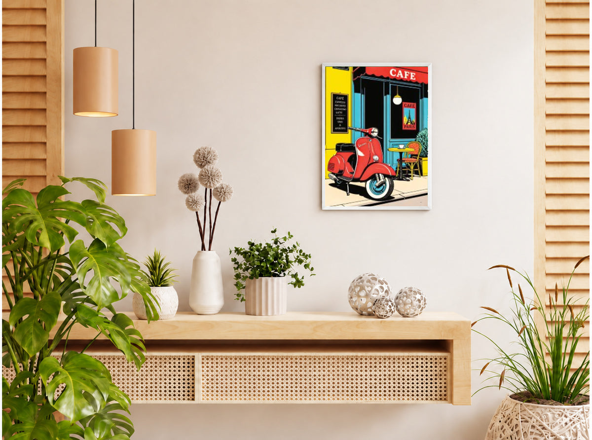 تنسيق توضيحي لبوستر Scooter بفريم في ركن منزلي