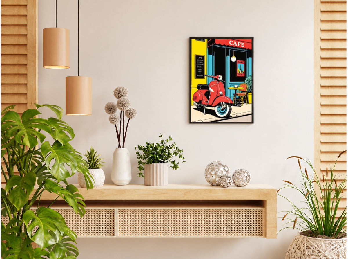 تنسيق توضيحي لبوستر Scooter بفريم في ركن منزلي