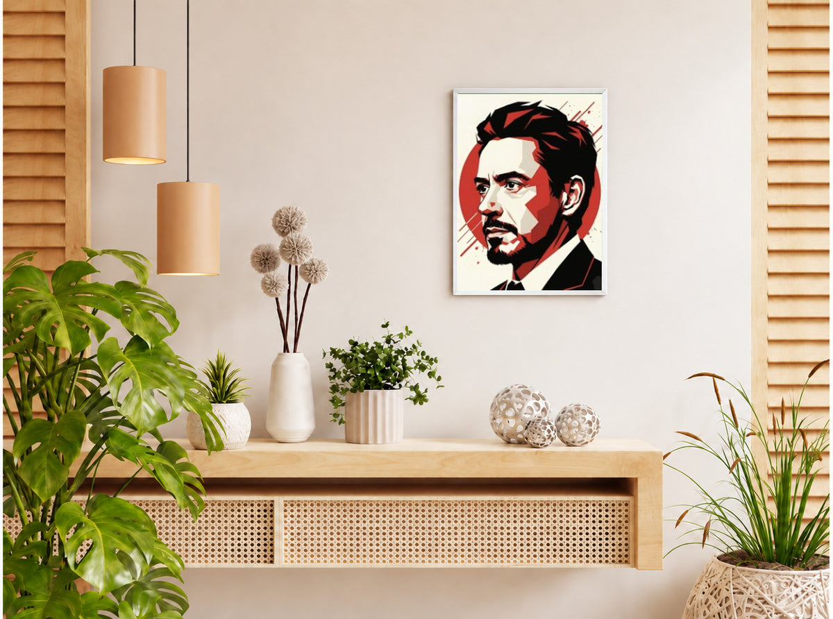 تنسيق توضيحي لبوستر Tony stark بفريم في ركن منزلي
