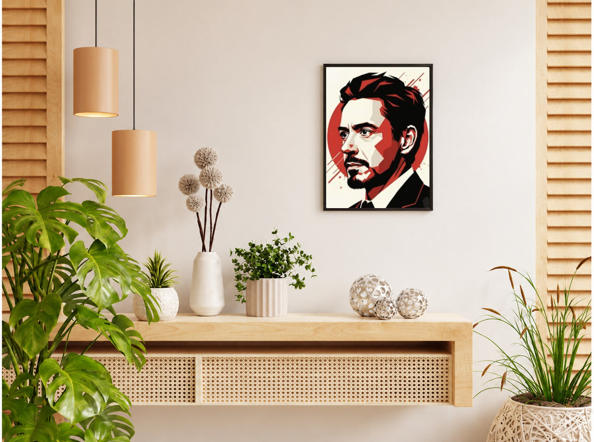 تنسيق توضيحي لبوستر Tony stark بفريم في ركن منزلي